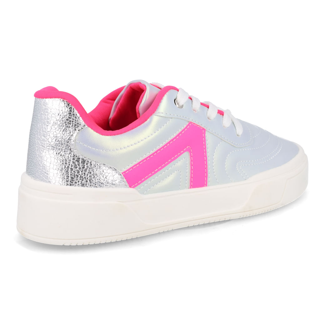 Tênis casual feminino juvenil Funfeet prata holográfico vista traseira lateral direita